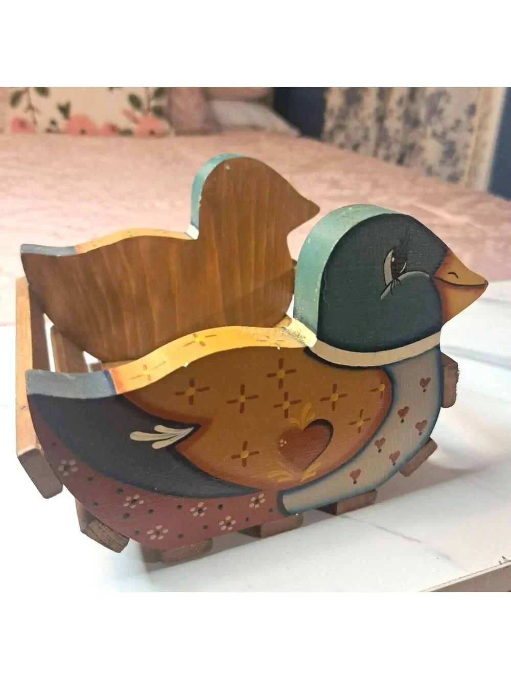 Vintage Hand-Painted Rustic Country Mallard Heart Wooden Slatted Basket 6